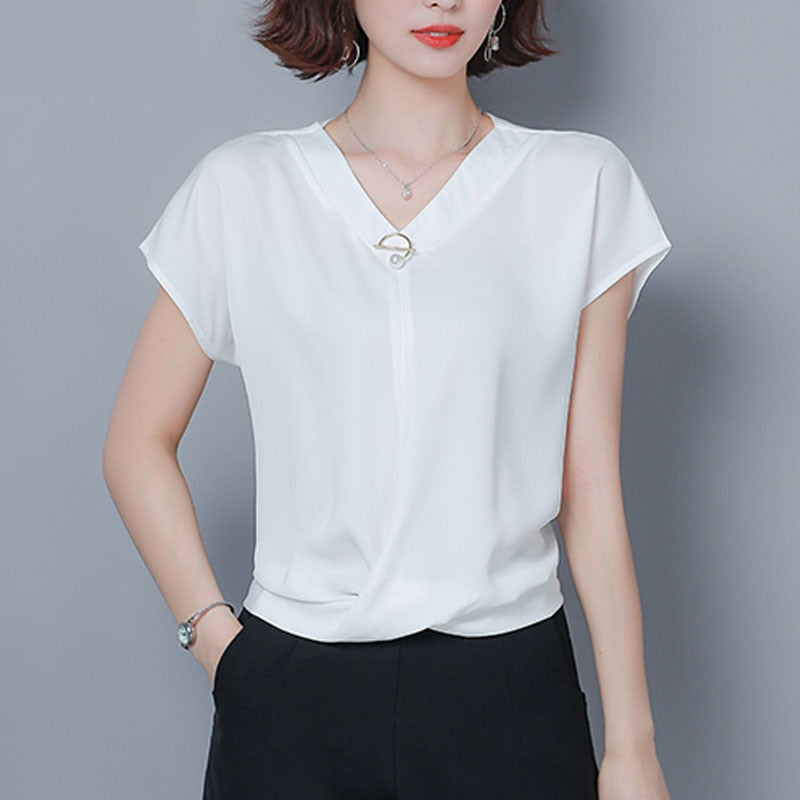 Spring Summer New Elegant Irregular Chiffon Shirts Women Loose Bat Short Sleeve V-neck Office Lady Solid Summer Tops Blusas 9051