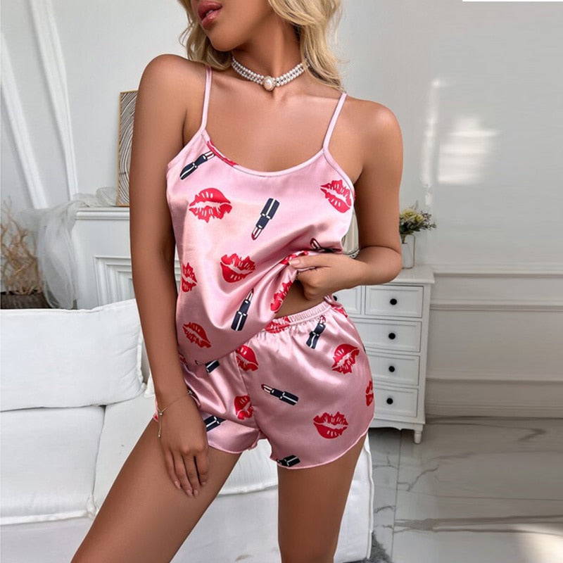 Women&#39;s Sexy Pajama Sets Cartoon Pattern Pajamas Strap Sleeveless Cami Set Sleepwear Female Summer Pijamas Night Wear Home Suit