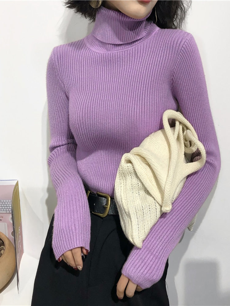 2022 Autumn Winter Thick Sweater Women Knitted Ribbed Pullover Sweater Long Sleeve Turtleneck Slim Jumper Soft Warm Pull Femme