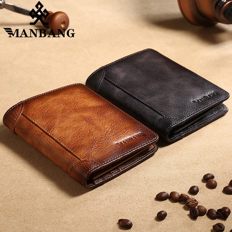 Manbang Men&#39;s Wallets RFID Genuine Leather Trifold Wallets For Men with ID Window and Credit Card Holder