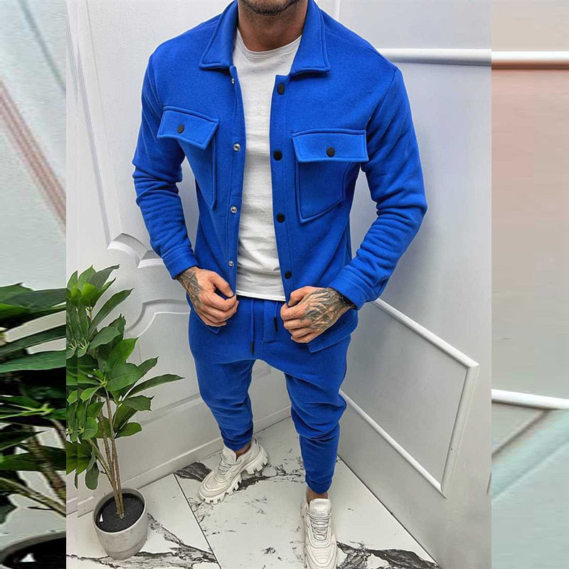 Streetwear Mens Two Piece Sets Autumn Trend Turn-down Collar Jackets and Pockets Pants Suits Men Fashion Slim Fit Outfits