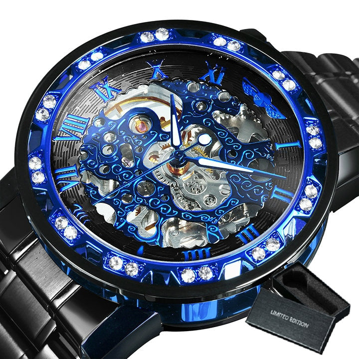 WINNER Transparent Skeleton Watch for Men Mechanical Wristwatches Diamond Watches Mens Luxury Stainless Steel Strap Unisex Clock