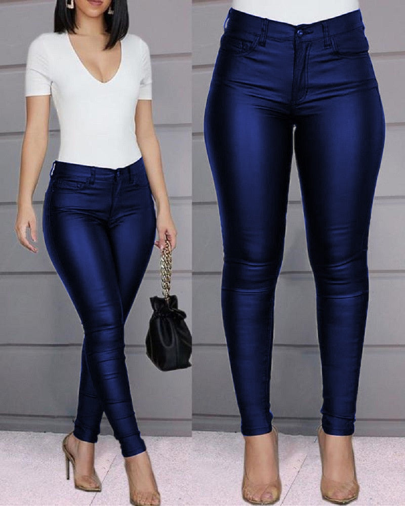 Solid Buttoned Casual Coated PU Pants Women Skinny Pencil Pants