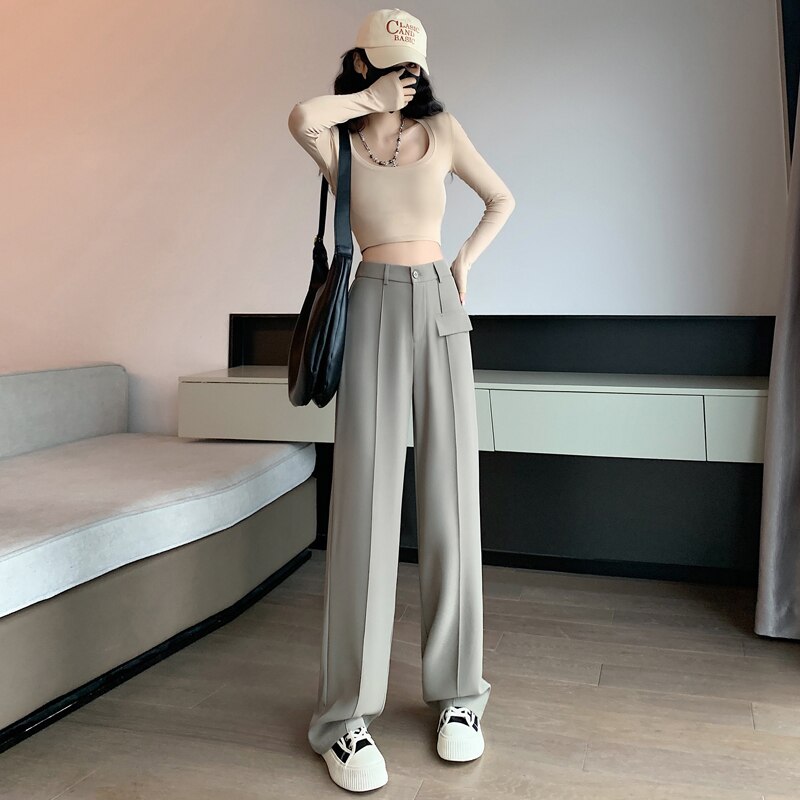 2023 HappyLisa Women Spring Summer Long Suit Pants Ladies High Waist Wide Leg Floor-Length Loose Pant Female Casual Trousers P09