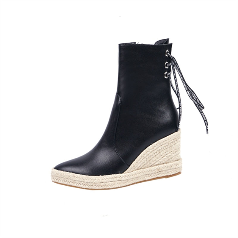 Women&#39;s High Quality Ankle Boots Women&#39;s Hemp Rope Straw Platform Wedge Boots Women&#39;s Zipper Back Collar Autumn Boots