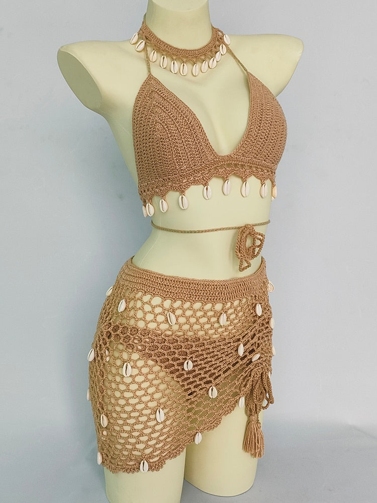 Woman Bikini Set Crochet Shell Tassel Top Sexy Thong Bottom See-Through Hollow Out Bandage High Waist Short Beach Skirt