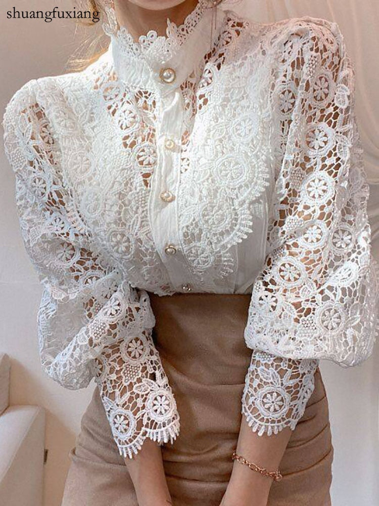 Women Sexy Lace Patchwork Hollow Out Shirt Blouse Long Sleeve O-Neck Mesh Design Tops 2022 Spring White Vintage Button Shirts