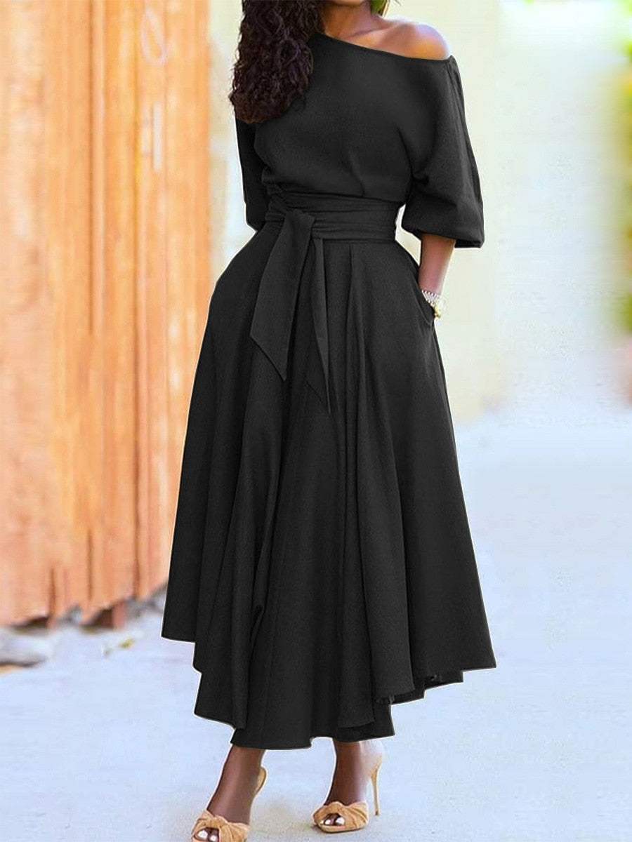 2023 Spring Elegant Women&#39;s Long Formal Dress Black Lace Up Off Shoulder A-line Dresses Female New Fashion Evening Clothes Lady