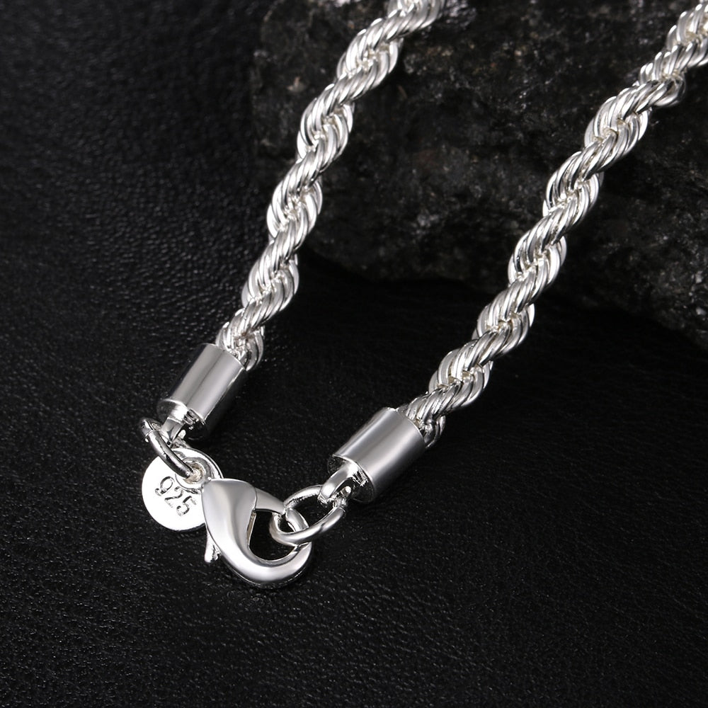 high quality 925 silver color 4MM women men chain male twisted rope necklace bracelets fashion Silver jewelry Set