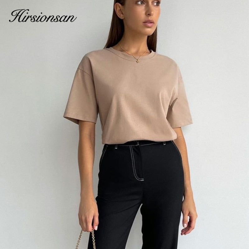 Hirsionsan Basic Cotton T Shirt Women 2022 Summer New Loose Solid Tees 18 Color Casual Loose Tshirt Korean O Neck Female Tops