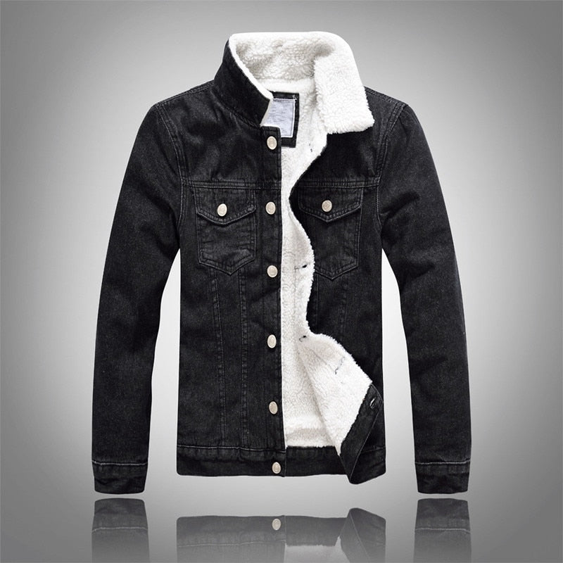 Men&#39;s Denim Jacket Warm Winter Casual Bomber Male Korean Style cowboy Jacket Fashion Fleece Vintage Clothing Men Black Jean Coat