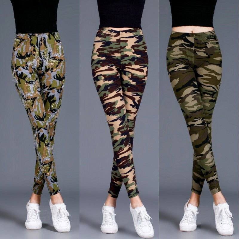 2022 camouflage women&#39;s leggings graffiti style slim plus size stretch pants army green leggings