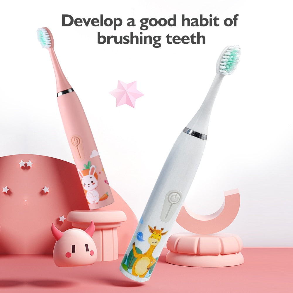 Children's Electric Ultrasonic Toothbrush Soft Bristled Cartoon 4 Mode IPX6 Waterproof Teeth Prevention Decay Cleaner USB Charge