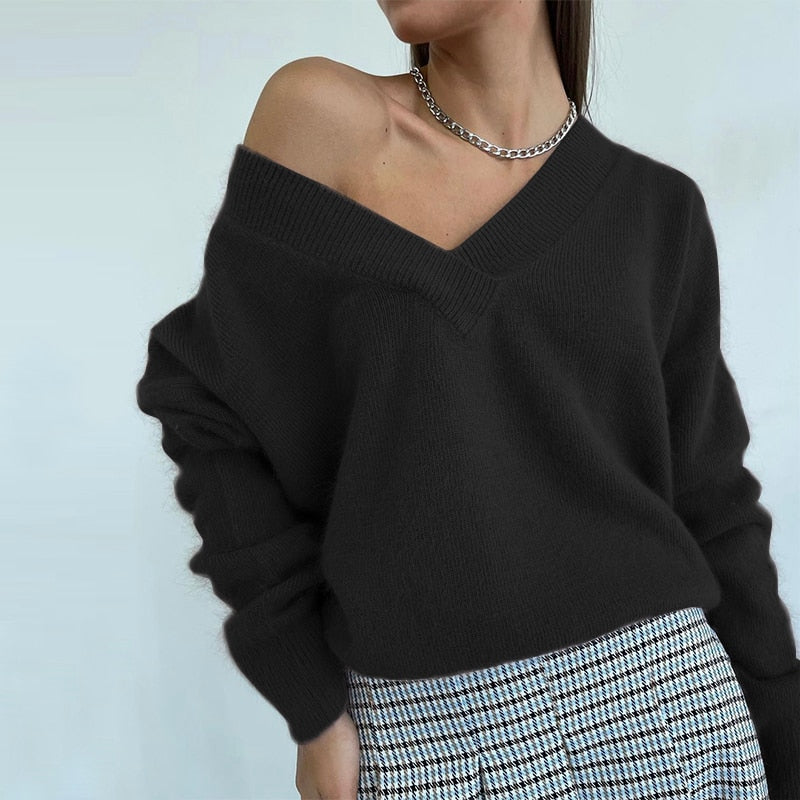 Blessyuki Soft Cashmere Sweater Women 2022 New Casual Loose V-Neck Basic Knitted Pullovers Female Korean Simple Lazy Jumper Tops