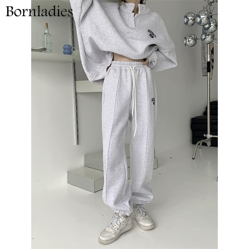 Bornladies Women Cotton Sweatshirt Suit Oversized Sets Female Stand Collar Loose Sweatshirt + Long Pants Suits Short Sets