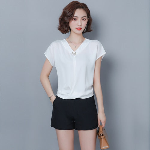 Spring Summer New Elegant Irregular Chiffon Shirts Women Loose Bat Short Sleeve V-neck Office Lady Solid Summer Tops Blusas 9051