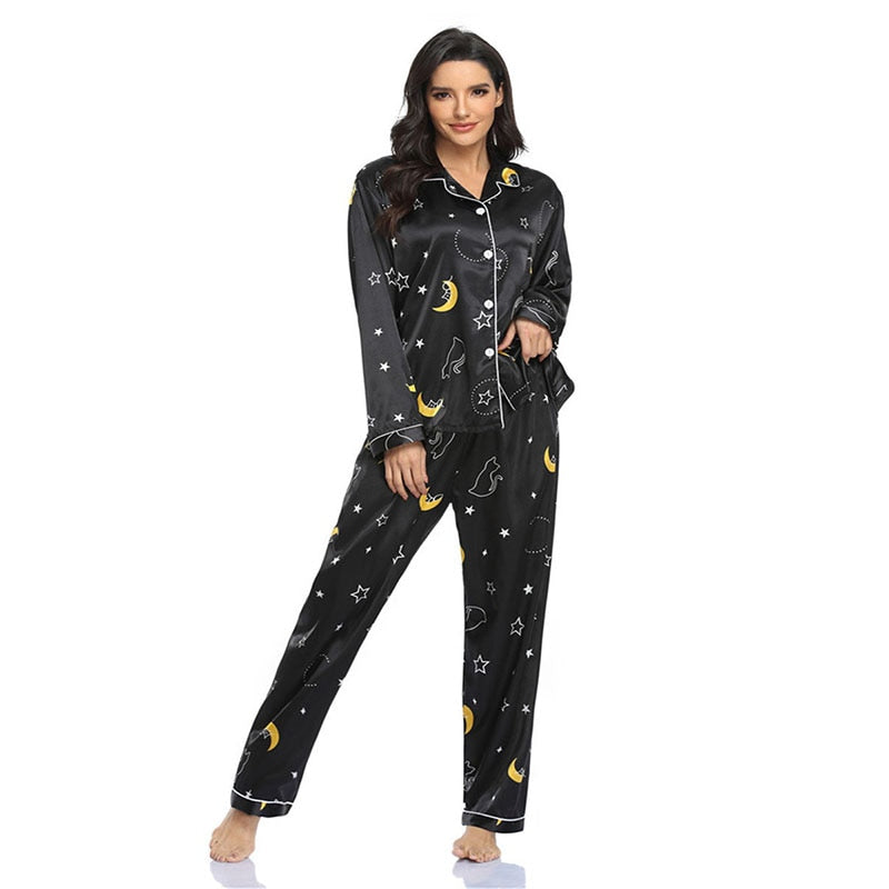 Spring Summer Women&#39;s Pijamas Silk Satin Pajamas Set Long Sleeve and Trouser Pyjamas Suits Sleepwear Loungewear Female Mujer