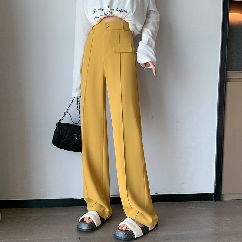 2023 HappyLisa Women Spring Summer Long Suit Pants Ladies High Waist Wide Leg Floor-Length Loose Pant Female Casual Trousers P09