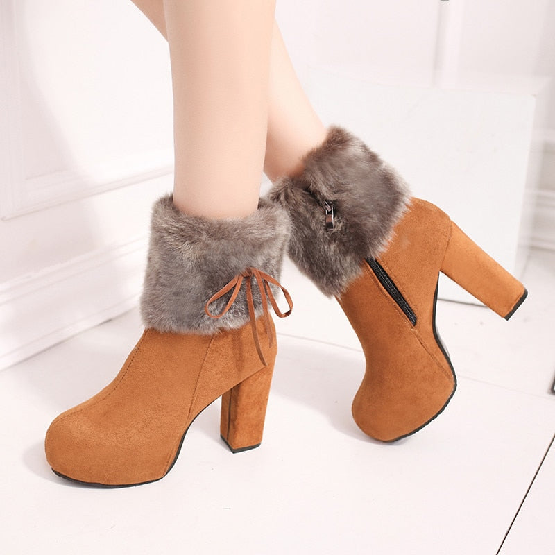 Winter Shoes Women High Heels Boots Fur Warm Shoes Fashion Boots for Women Winter High Heels Super Square High Heel 10cm A1658