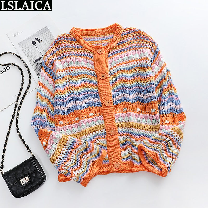 Cardigan Top Women Long Sleeve Single Button Decorated Slim Rainbow Striped Patchwork Women&#39;s Sweater Spring Autumn Fashion 2022