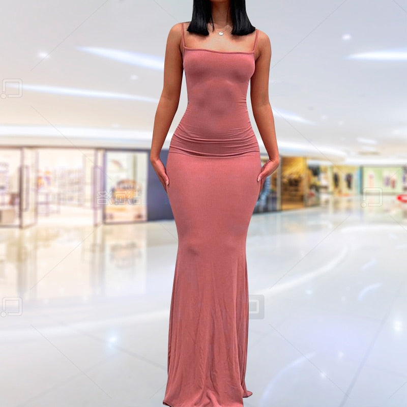 2022 New Fashion Women Sexy Dresses Sleeveless Bodycon Backless Long Maxi Pure Slim Down Honey Peach Hip Suspender Party Dress