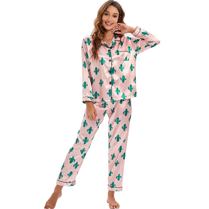 Spring Summer Women&#39;s Pijamas Silk Satin Pajamas Set Long Sleeve and Trouser Pyjamas Suits Sleepwear Loungewear Female Mujer