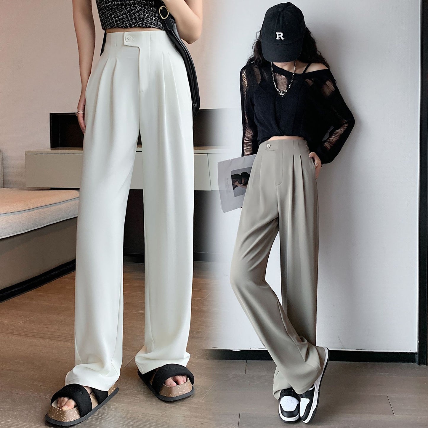 2023 HappyLisa Women Spring Summer Long Suit Pants Ladies High Waist Wide Leg Floor-Length Loose Pant Female Casual Trousers P09