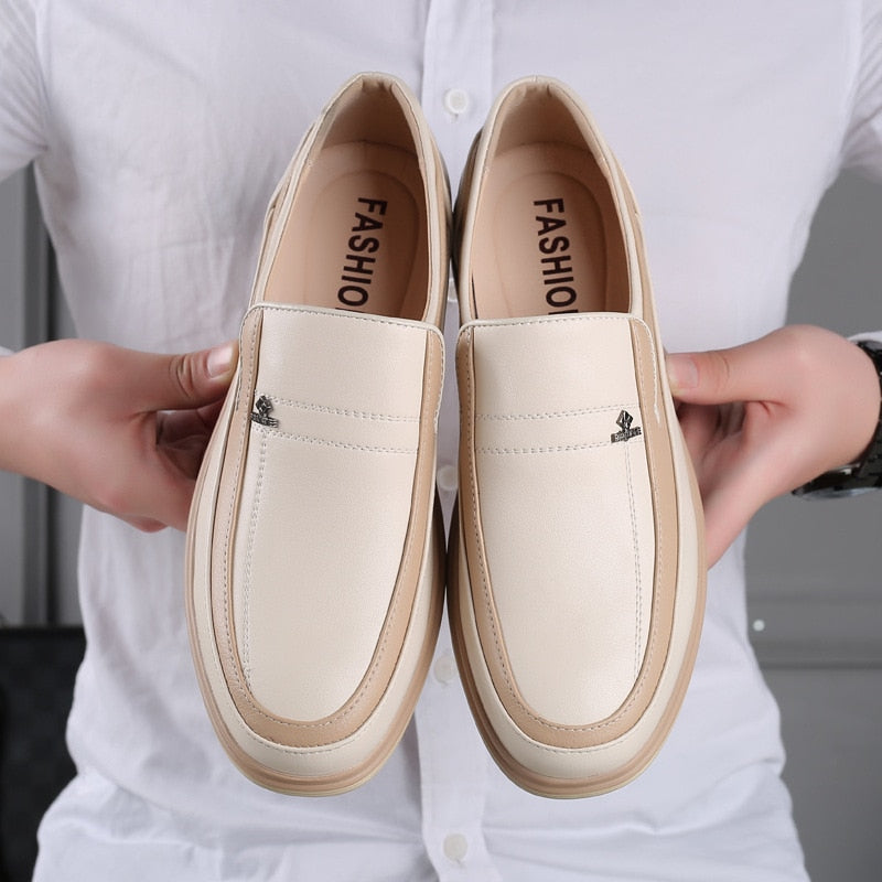 Mens Loafers Leather Shoes Men Flat Shoes Casual Light  Thick bottom platform Fashion Trend Slip On Driving Black Shoes  A13-27