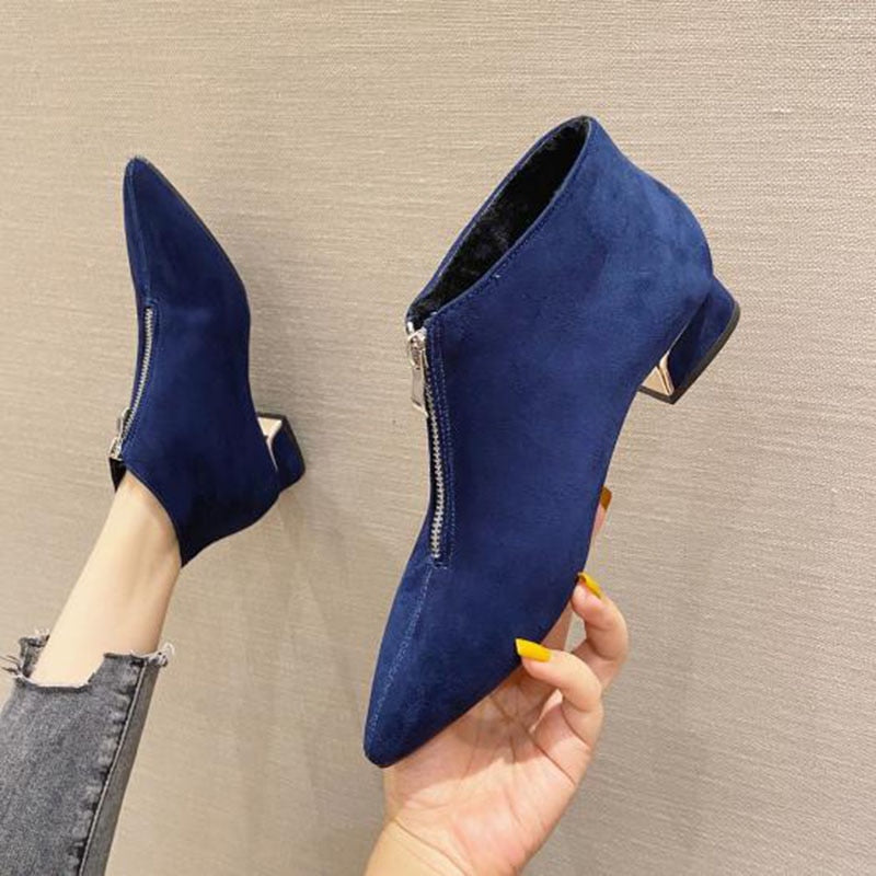 2022 Fashion Boots Women Winter Shoes Pointed toe Women Ankle Boots Sexy Ladies Party Shoes Square Heels Black Blue A2976