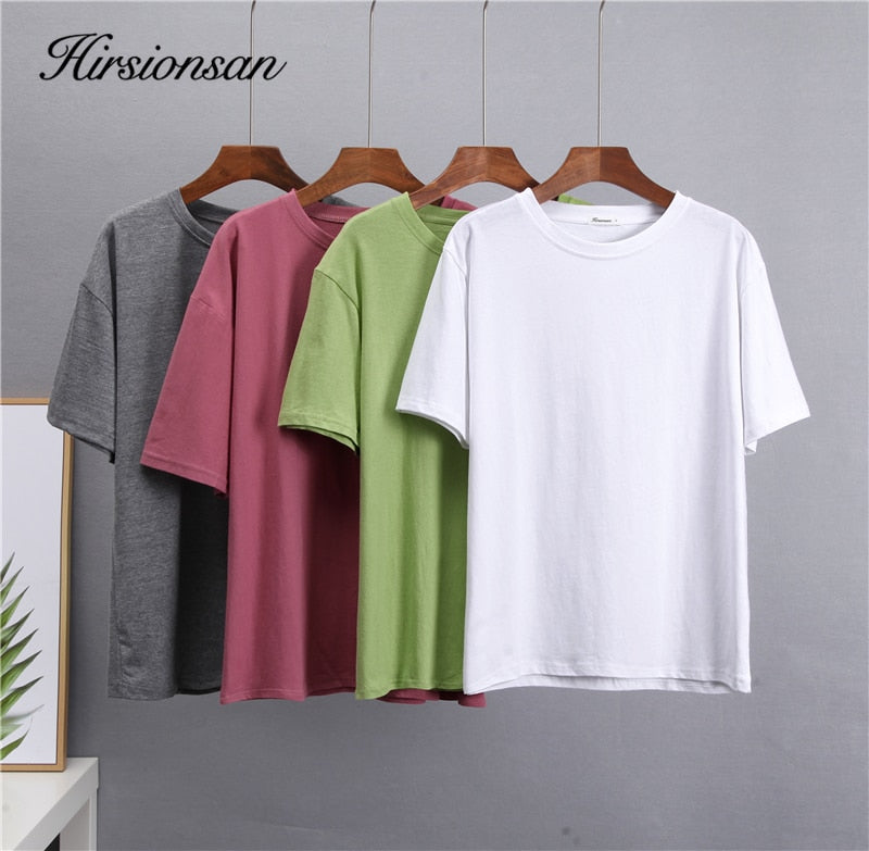 Hirsionsan Basic Cotton T Shirt Women 2022 Summer New Loose Solid Tees 18 Color Casual Loose Tshirt Korean O Neck Female Tops