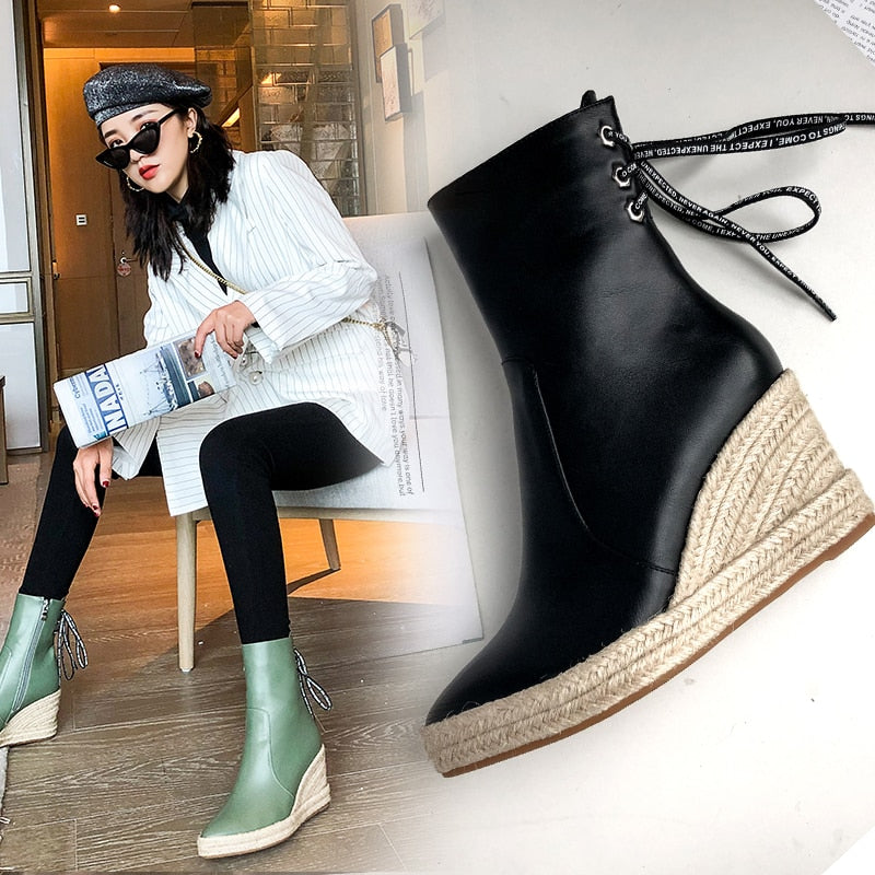 Women&#39;s High Quality Ankle Boots Women&#39;s Hemp Rope Straw Platform Wedge Boots Women&#39;s Zipper Back Collar Autumn Boots