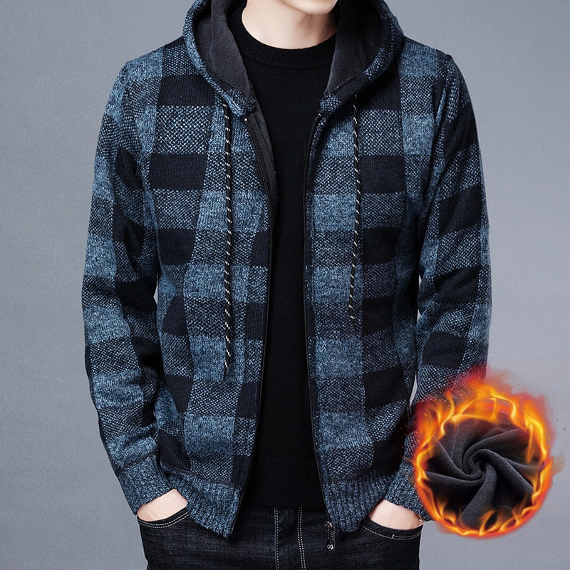 Winter 2022 New Men&#39;s Fleece Thickened Cardigan Knit Sweater / Male Loose Warm Hooded Add Wool Jacket Coat