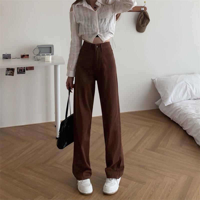 Summer Women Brown Jeans High Waist Loose Straight Wide Leg Denim Female Y2k Casual Streetwear Vintage Baggy Trouser