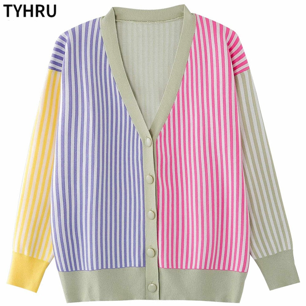 TYHRU Women&#39;s Knitting Sweater Color Matching Diamond Lattice Single-Breasted Buttons Loose Casual Knitted Cardigan Sweaters