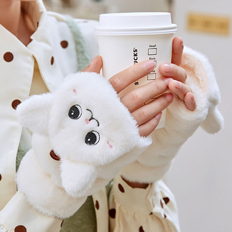 Women Winter Fur Rabbit Mittens fingerless Gloves Plush Warm Glove Winter Soft Thick Gloves for Women Girl Flexible Half Finger