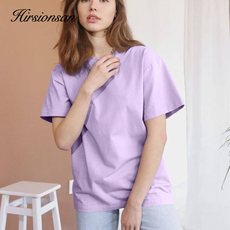 Hirsionsan Basic Cotton T Shirt Women 2022 Summer New Loose Solid Tees 18 Color Casual Loose Tshirt Korean O Neck Female Tops