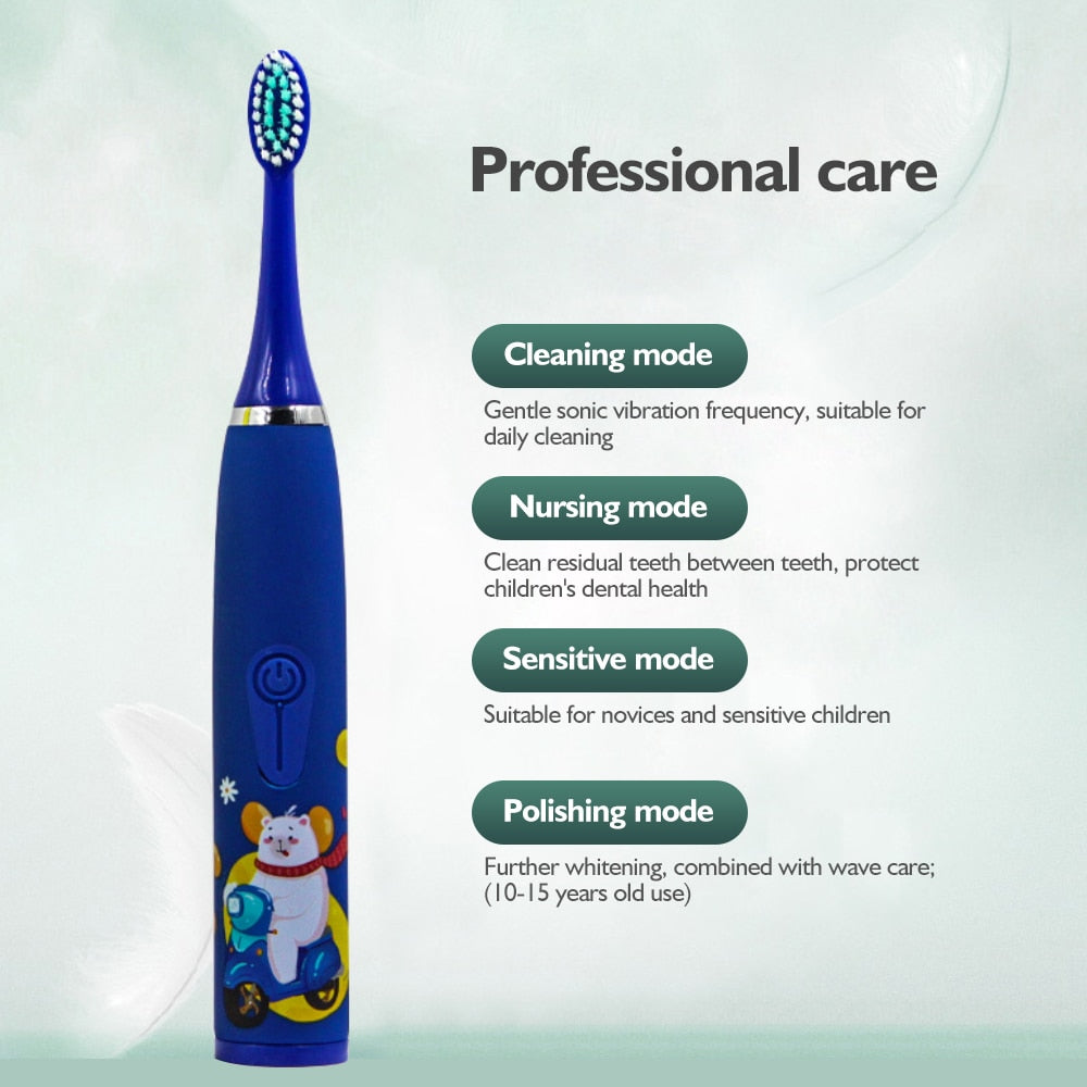 Children's Electric Ultrasonic Toothbrush Soft Bristled Cartoon 4 Mode IPX6 Waterproof Teeth Prevention Decay Cleaner USB Charge