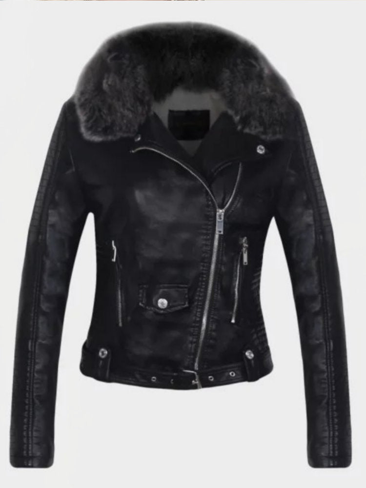 2023 Hot Fashion Women Winter Warm Faux Leather Jackets with Fur Collar Belt Lady Black Pink Motorcycle Biker Outerwear Coats