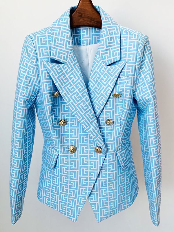 HIGH STREET Newest Designer Jacket Women&#39;s Double Breasted Lion Buttons Geometrical Jacquard Blazer