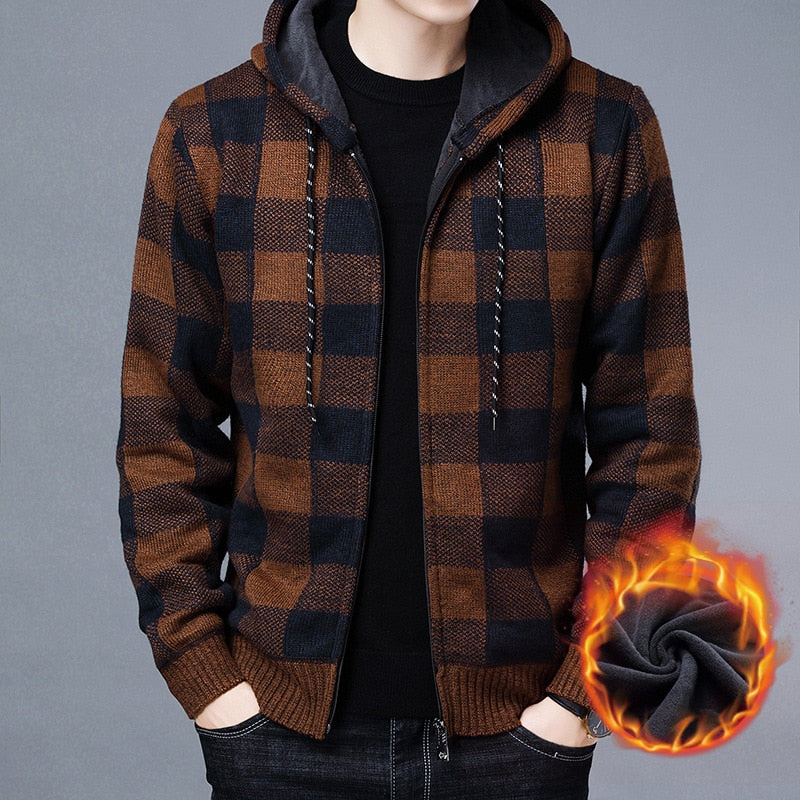 Winter 2022 New Men&#39;s Fleece Thickened Cardigan Knit Sweater / Male Loose Warm Hooded Add Wool Jacket Coat