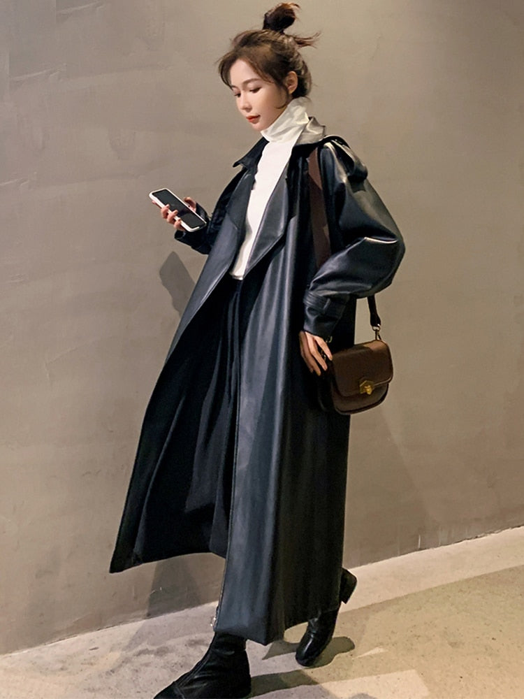 Nerazzurri Spring Black Oversized Long Waterproof Leather Trench Coat for Women 2021 Long Sleeve Loose Korean Fashion Clothing