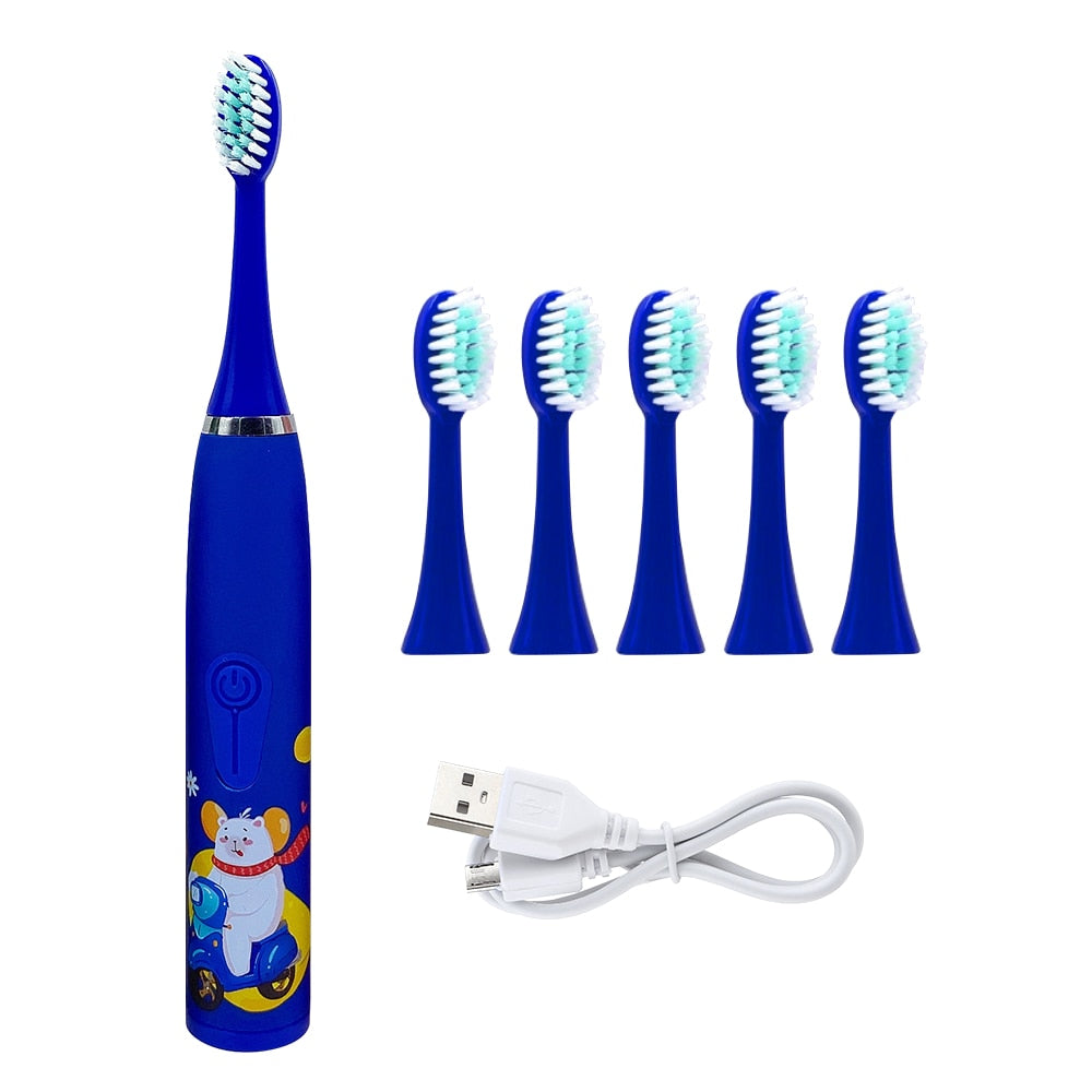 Children's Electric Ultrasonic Toothbrush Soft Bristled Cartoon 4 Mode IPX6 Waterproof Teeth Prevention Decay Cleaner USB Charge