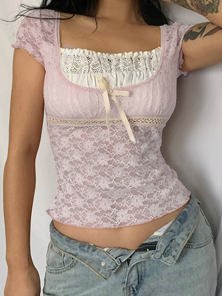 Rapcopter y2k Pink Trim Crop Top Bow Cute Sweet T Shirt Women Retro Short Sleeve Lace Patched Summer Tee Prepply Korean Tshirt