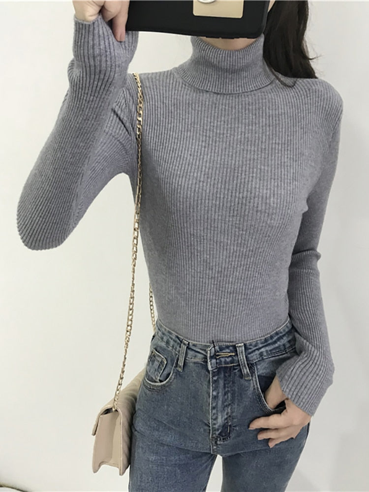 2022 Autumn Winter Thick Sweater Women Knitted Ribbed Pullover Sweater Long Sleeve Turtleneck Slim Jumper Soft Warm Pull Femme