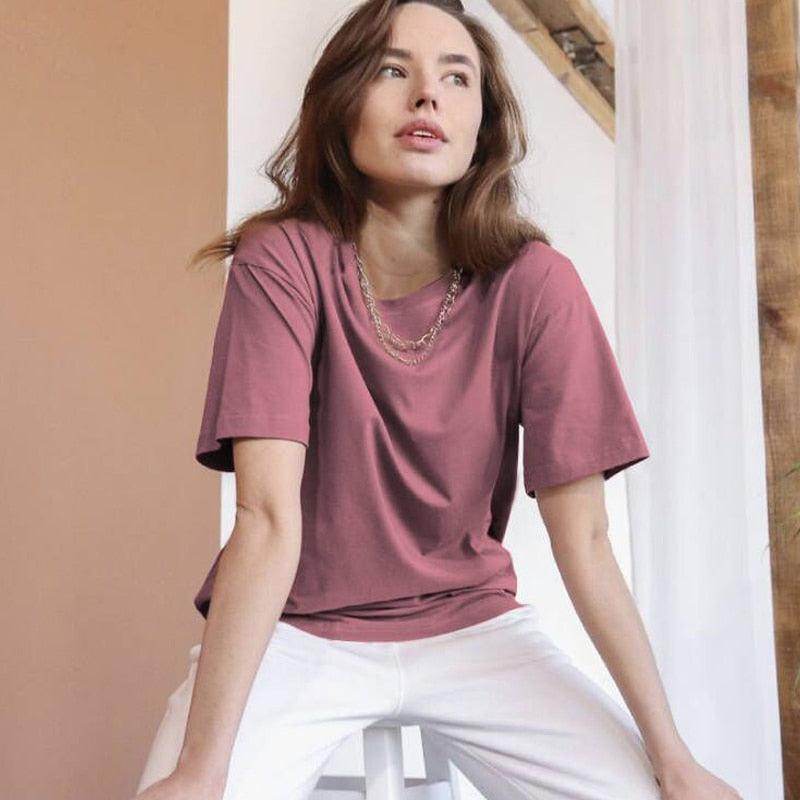 Hirsionsan Basic Cotton T Shirt Women 2022 Summer New Loose Solid Tees 18 Color Casual Loose Tshirt Korean O Neck Female Tops