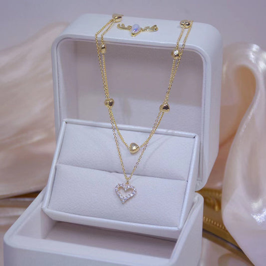 SUMENG 2022 New Gold Color Double Layer Heart Necklace Zircon For Women Clavicle Chain Elegant Charm Wedding Pendant Jewelry