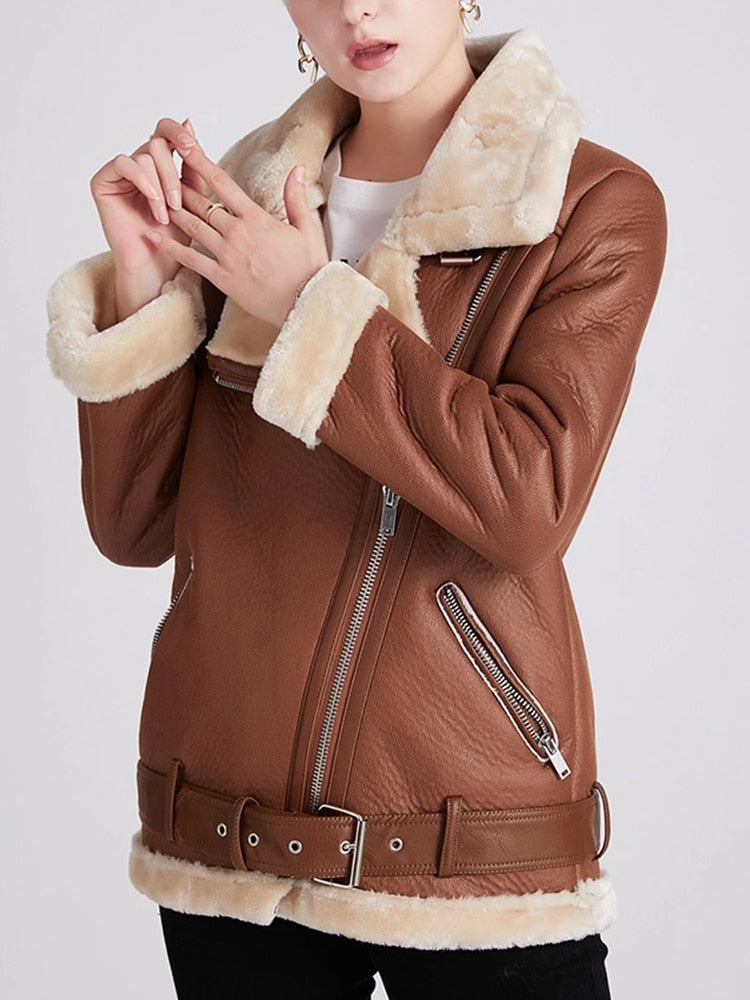 Ailegogo 2022 Winter Coats Women Thick Faux Leather Fur Sheepskin Coat Female Fur Leather Jacket Aviator Jacket Casaco Feminino