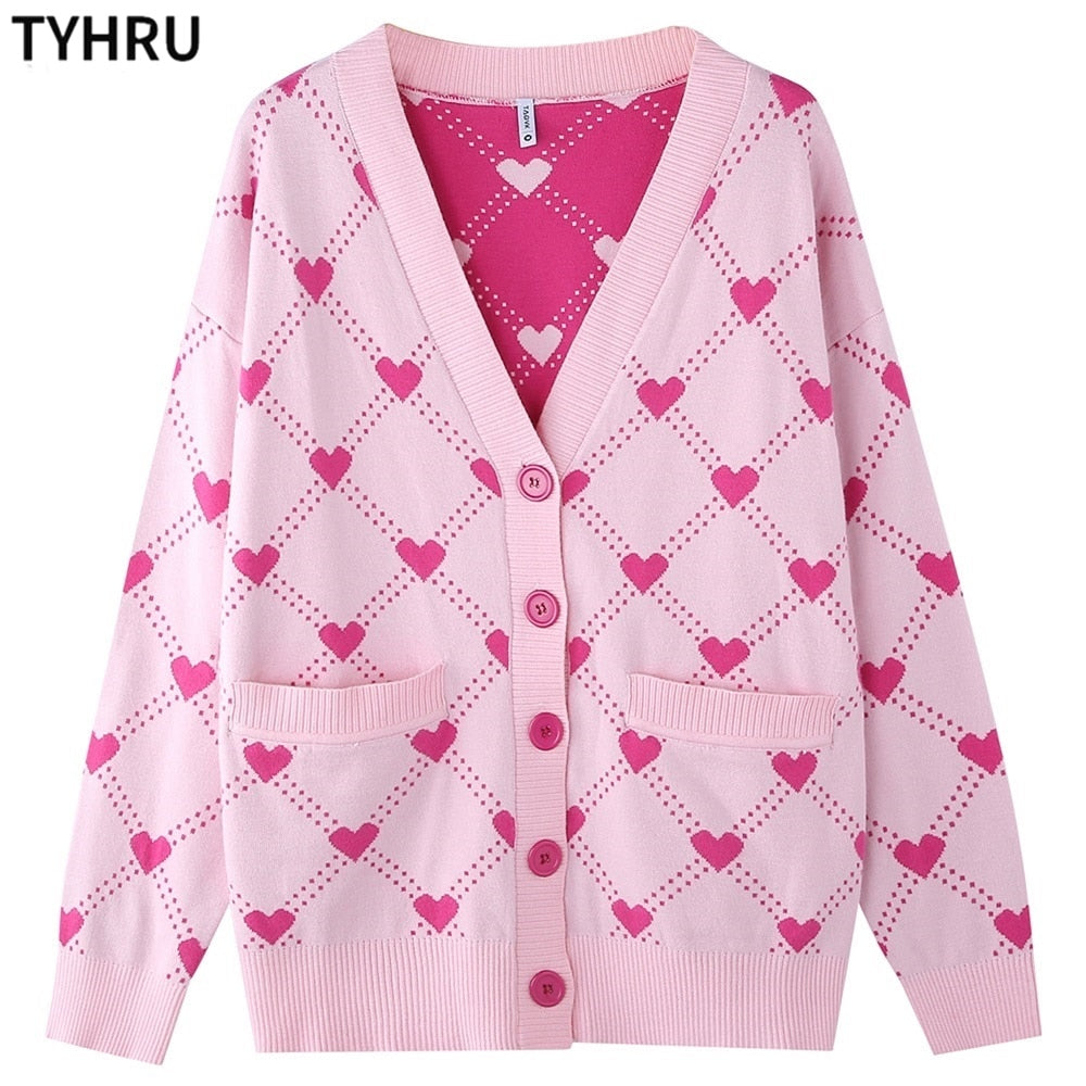 TYHRU Women&#39;s Knitting Sweater Color Matching Diamond Lattice Single-Breasted Buttons Loose Casual Knitted Cardigan Sweaters