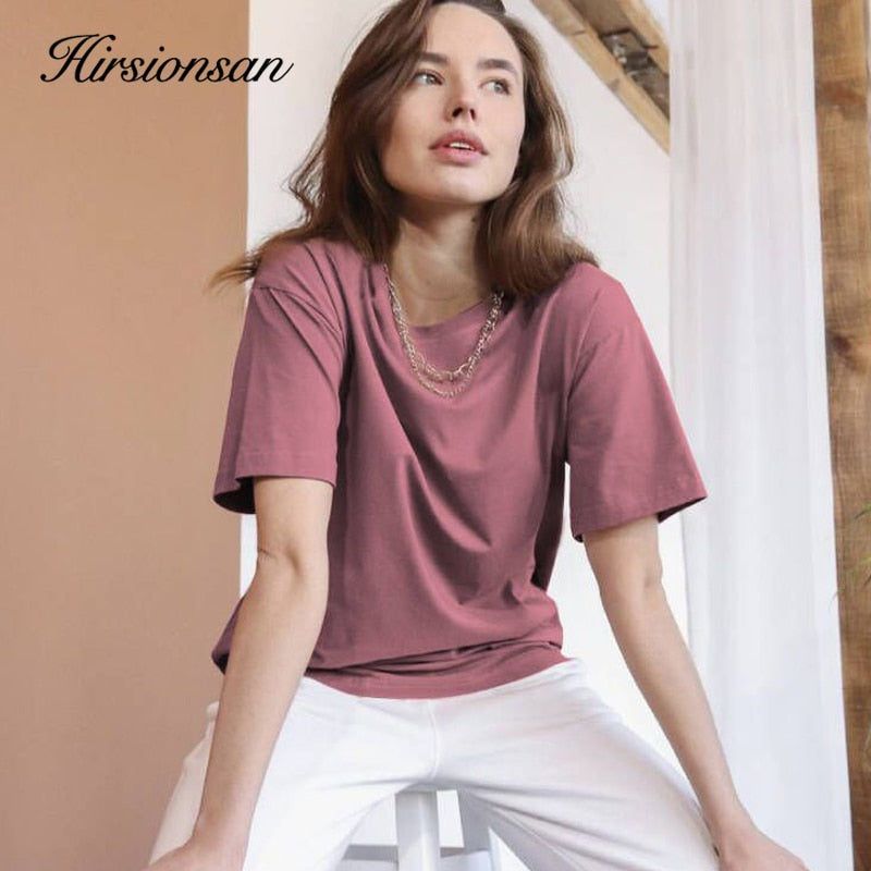 Hirsionsan Basic Cotton T Shirt Women 2022 Summer New Loose Solid Tees 18 Color Casual Loose Tshirt Korean O Neck Female Tops