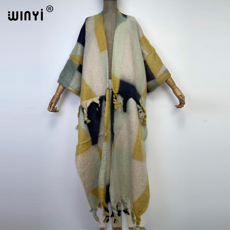 2022 WINYI Winter Women tassel Cardigan coat Loose Christmas dress robe longue Thick Warm free size Middle East Female Kaftan